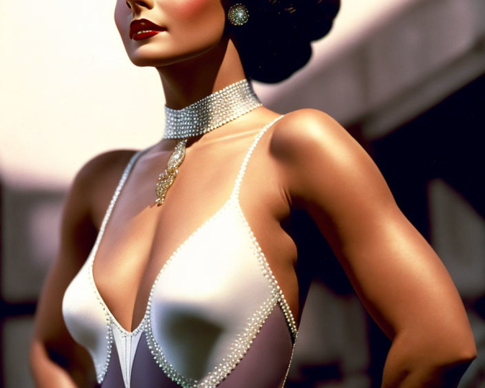 Vintage Glamor: Stylish Figure in Deep V-Neck Dress & Diamond Jewelry