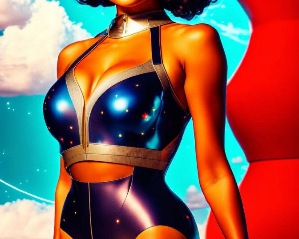 Digital illustration: Woman in vintage hairstyle, futuristic swimsuit, blue sky backdrop.