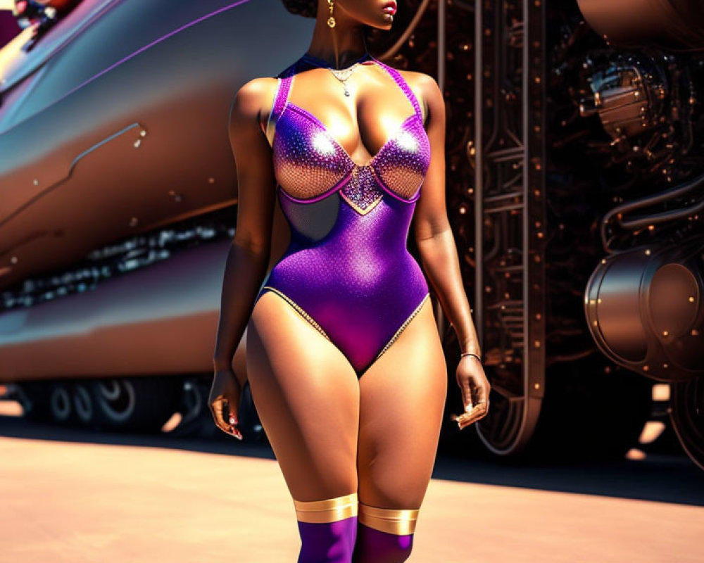 3D-rendered image of woman in purple bodysuit with futuristic vehicle