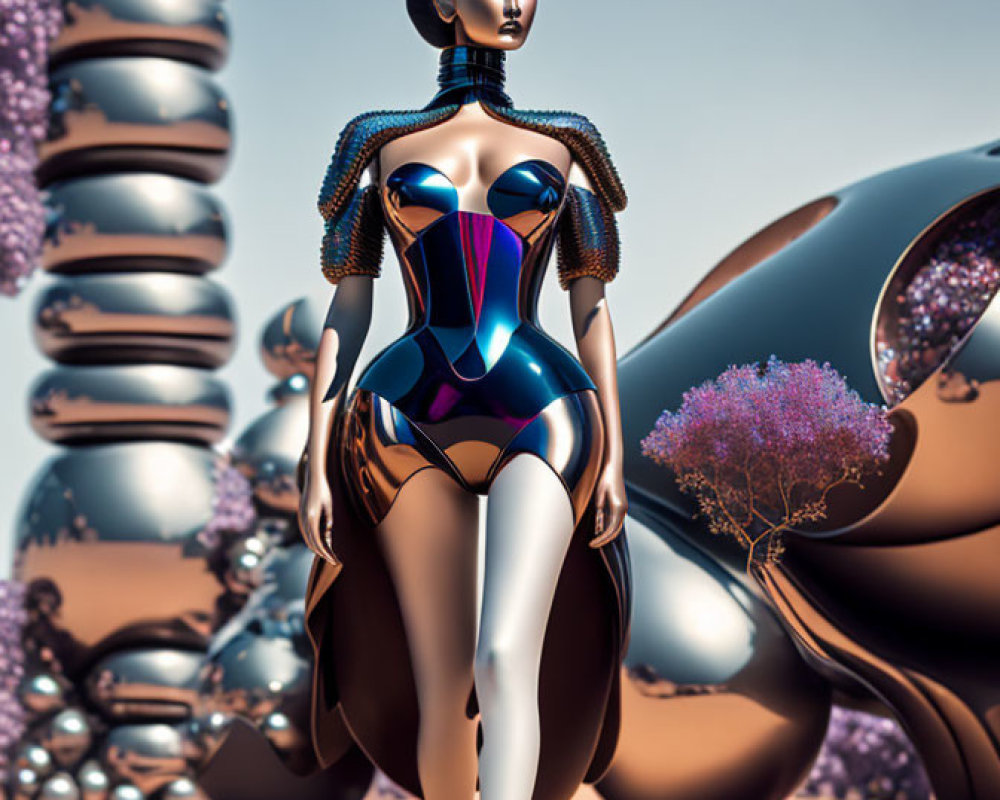 Futuristic female figure in horned headpiece in surreal landscape