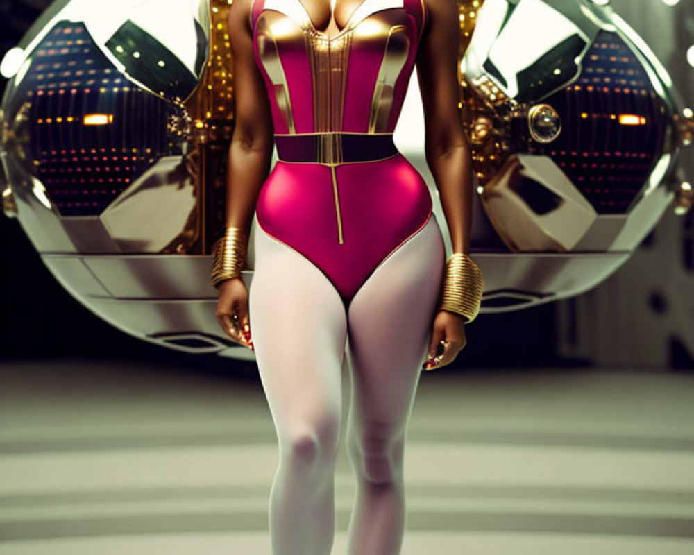 Futuristic female figure in pink and gold bodysuit with spherical robot in high-tech corridor