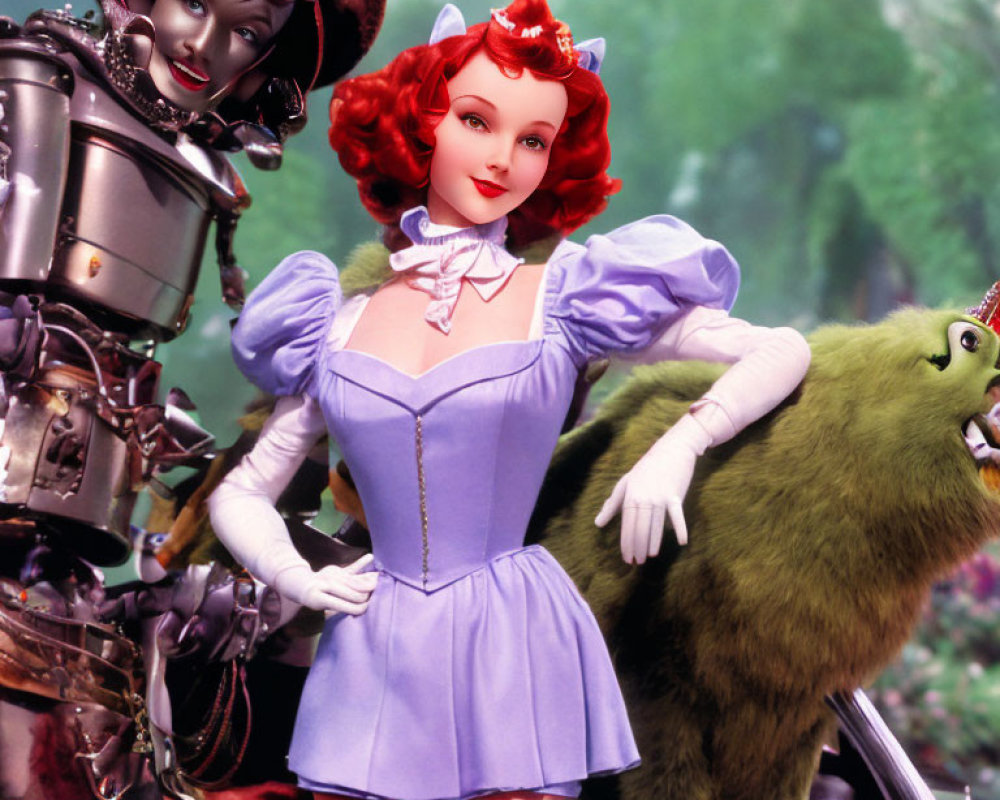 Stylized portrayal of Tin Man-like character, red-haired woman, and green furry creature