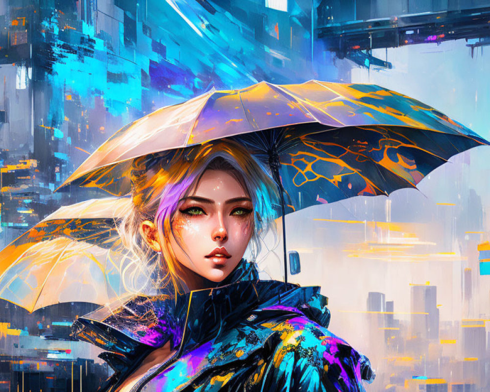 Digital artwork: Woman with umbrella in futuristic cityscape