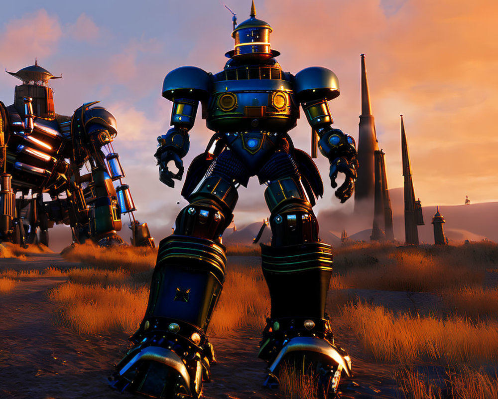 Futuristic robots in field at sunset with industrial towers and orange sky.