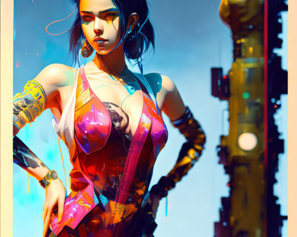 Digital artwork: Woman with blue hair and tattoos in futuristic attire against neon cityscape