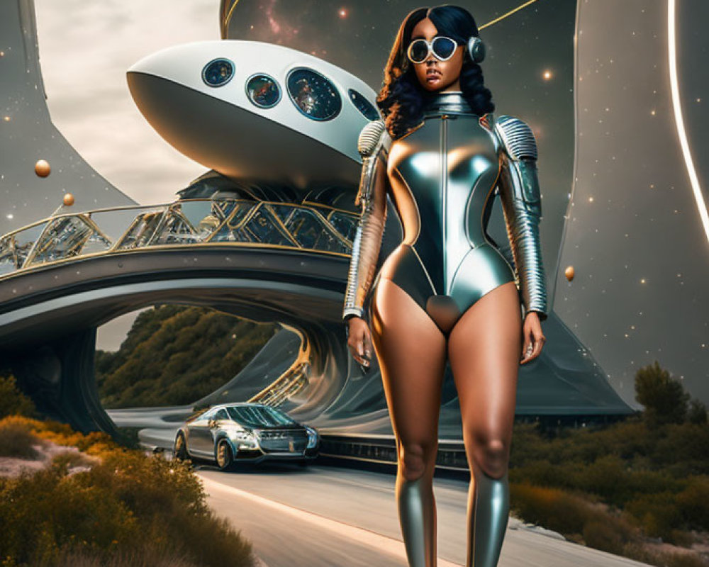 Futuristic woman in sci-fi attire with spaceship and car on celestial road