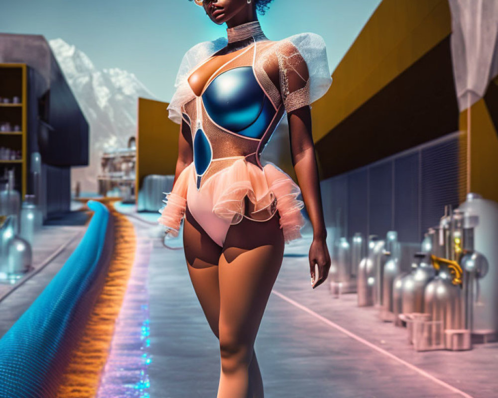 Stylish sci-fi woman in futuristic outfit with sunglasses against industrial backdrop