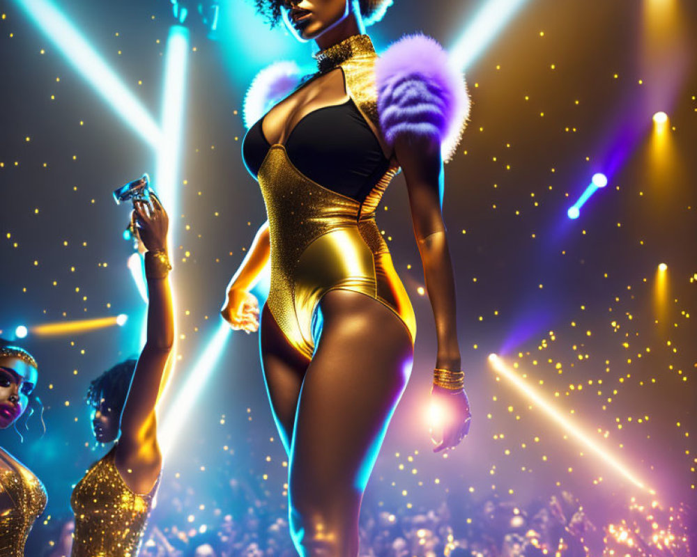 Vibrant club scene with confident woman in black and gold outfit