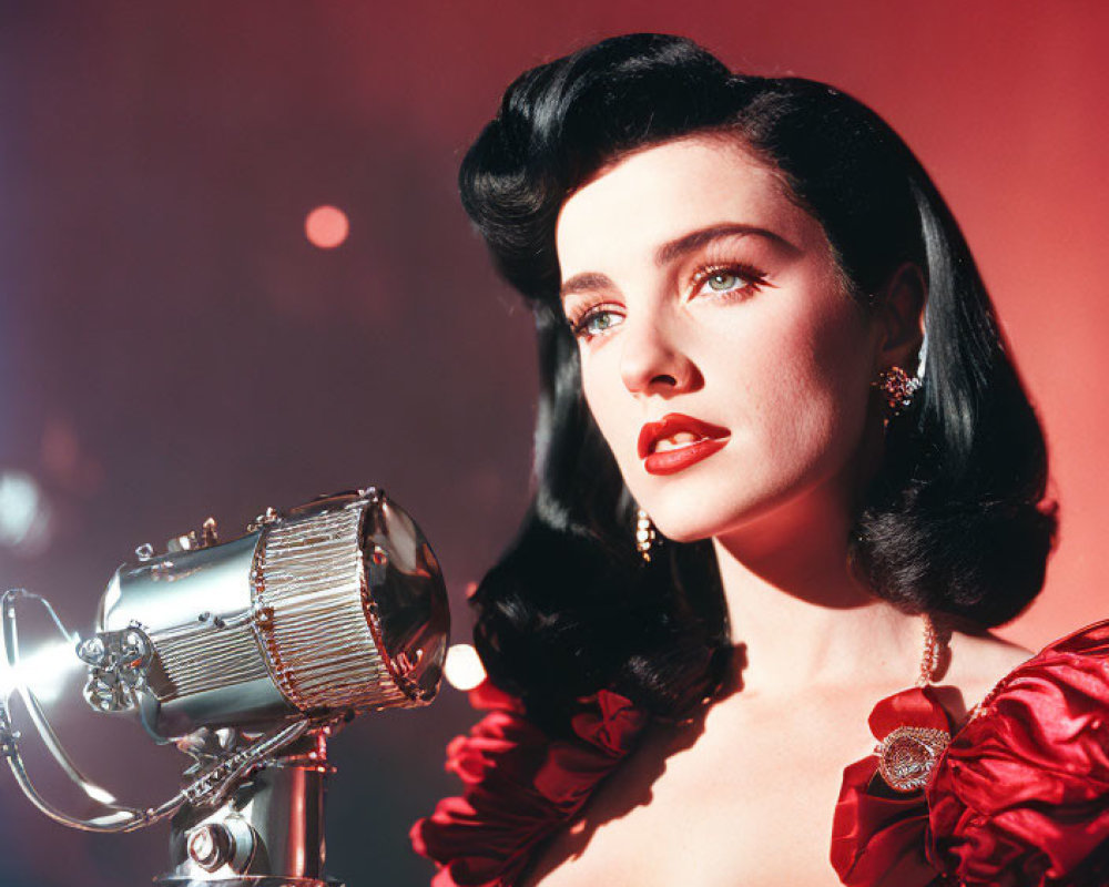 Vintage portrait of glamorous woman in sequined dress with red lipstick by classic microphone.