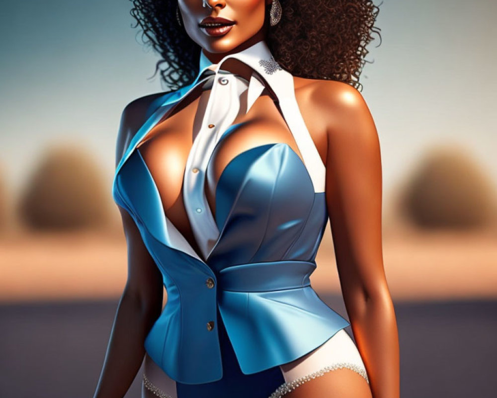 Woman in blue and white outfit with curly hair and tailored vest