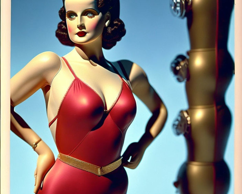 Vintage Style Mannequin in Red Swimsuit with Robot Arm on Blue Sky