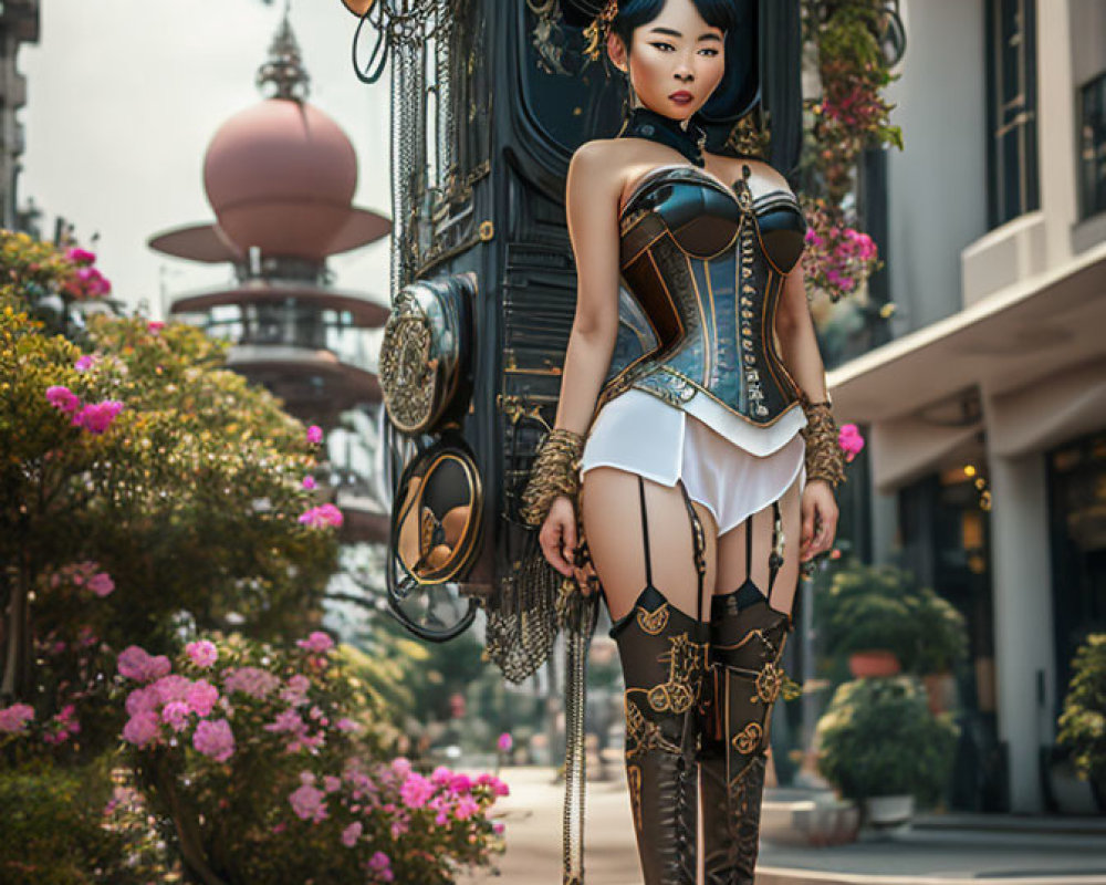 Steampunk-inspired woman in vintage city setting