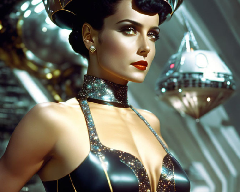 Futuristic woman in shiny black outfit with metallic collar and helmet-like headpiece