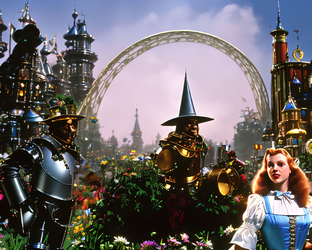 Vibrant fantasy scene with robotic Tin Man, Scarecrow, and Dorothy surrounded by colorful flowers