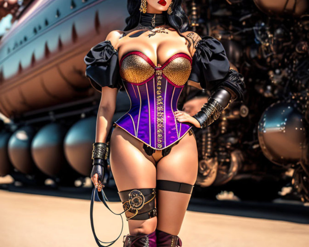 Steampunk-themed woman with corset, top hat, and whip in futuristic setting