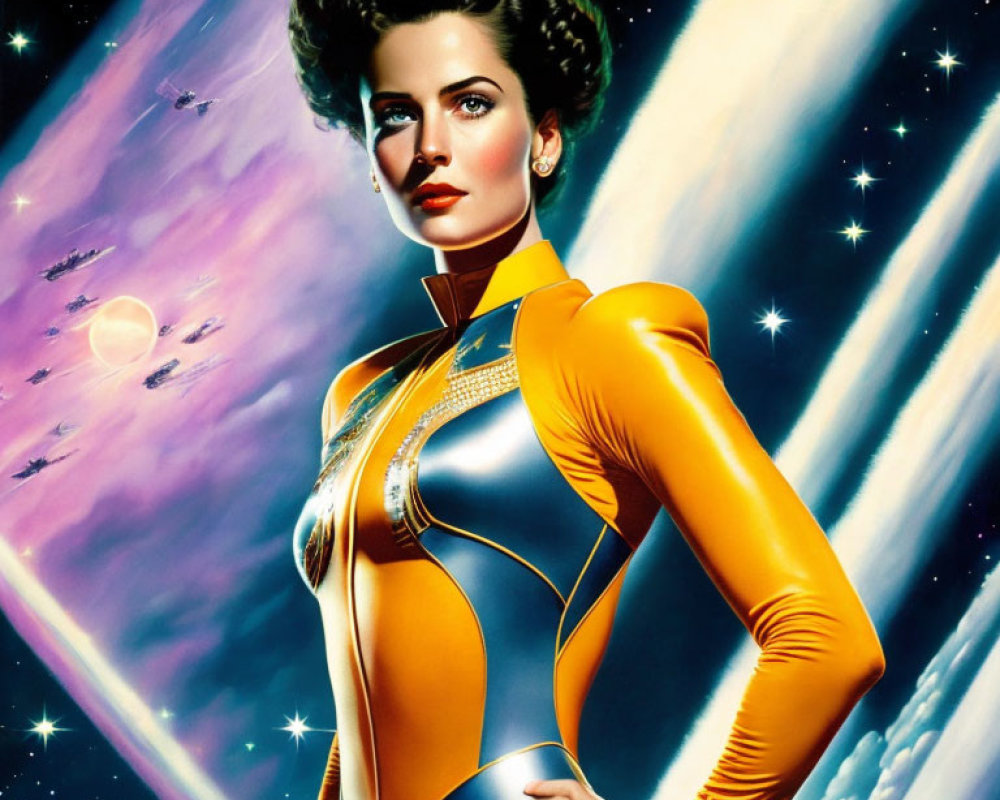 Futuristic woman in yellow and blue space suit with cosmic backdrop