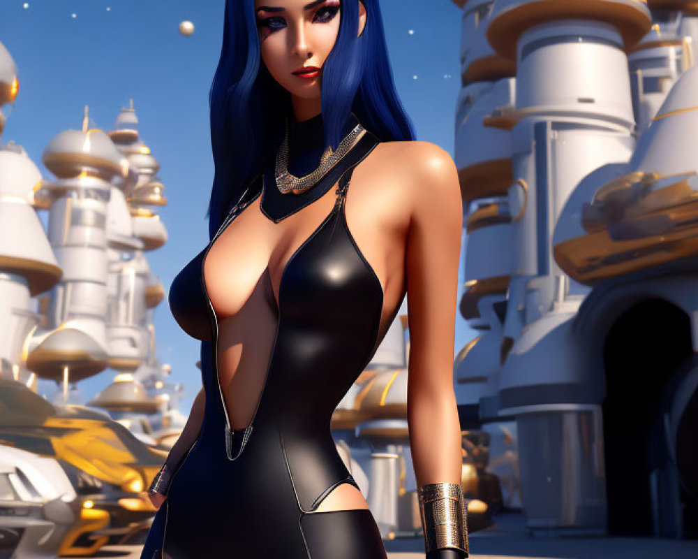 Digital Artwork: Woman with Blue Hair in Futuristic Outfit and Cityscape Background