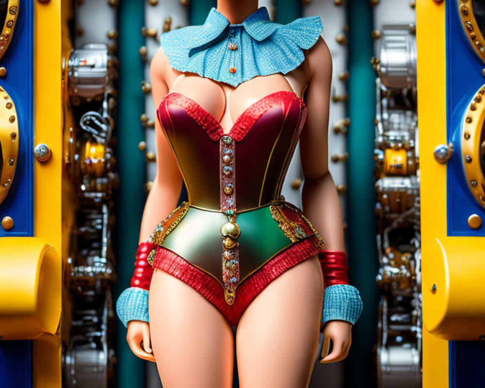 Colorful Retro-Futuristic Mannequin in Complex Mechanical Setting