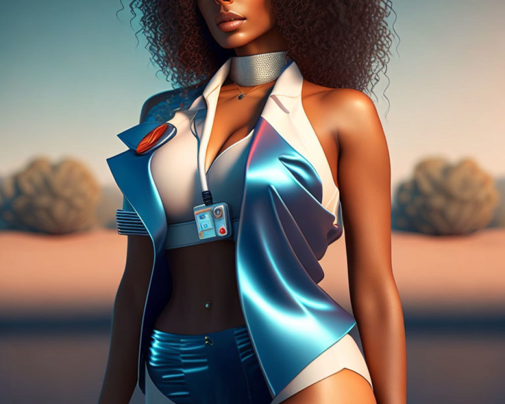 Digital artwork of woman with curly hair in futuristic uniform against desert backdrop