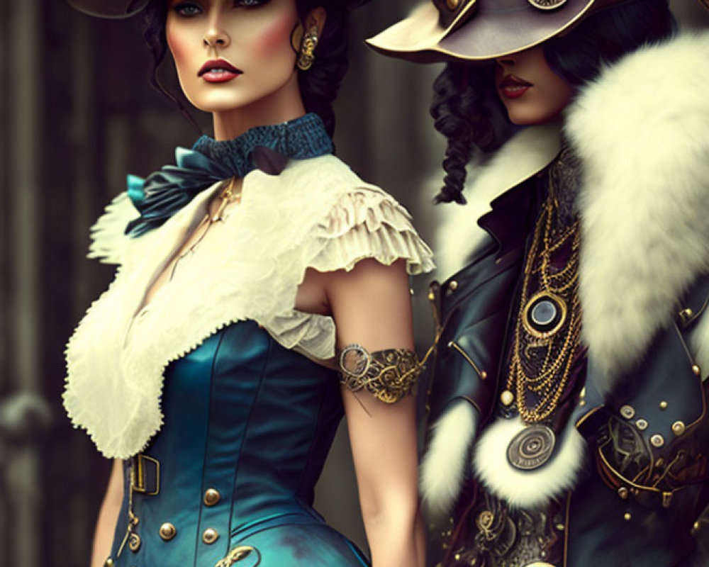 Two Women in Elaborate Steampunk Attire with Victorian-Era Aesthetic