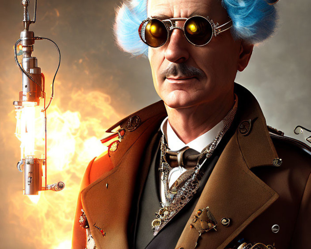 Steampunk man with blue hair and mechanical arm in fiery setting