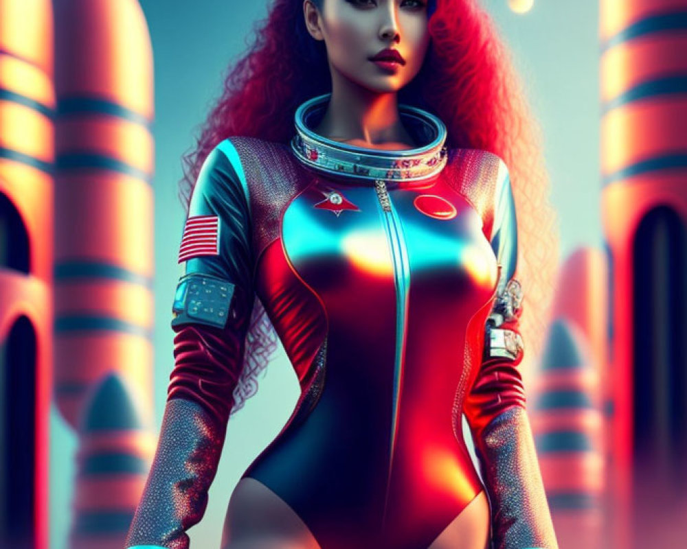 Futuristic digital artwork: Woman in astronaut suit on Mars landscape