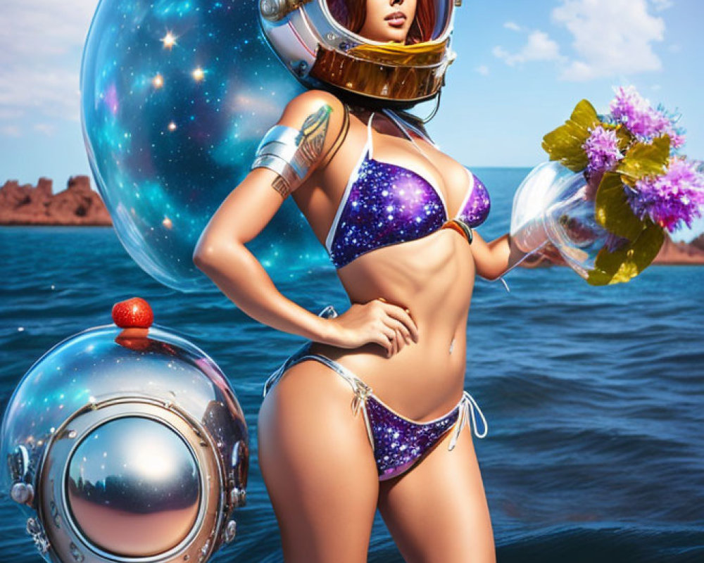 Digital illustration: Woman in bikini with astronaut helmet beside spherical robot in water landscape