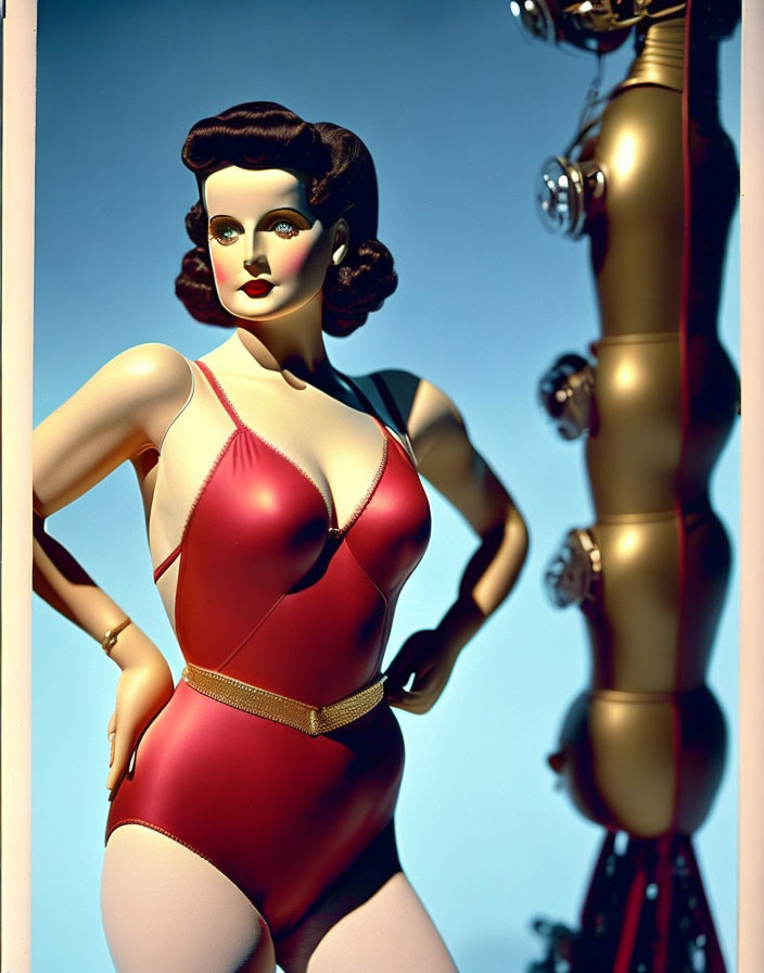 Vintage Style Mannequin in Red Swimsuit with Robot Arm on Blue Sky