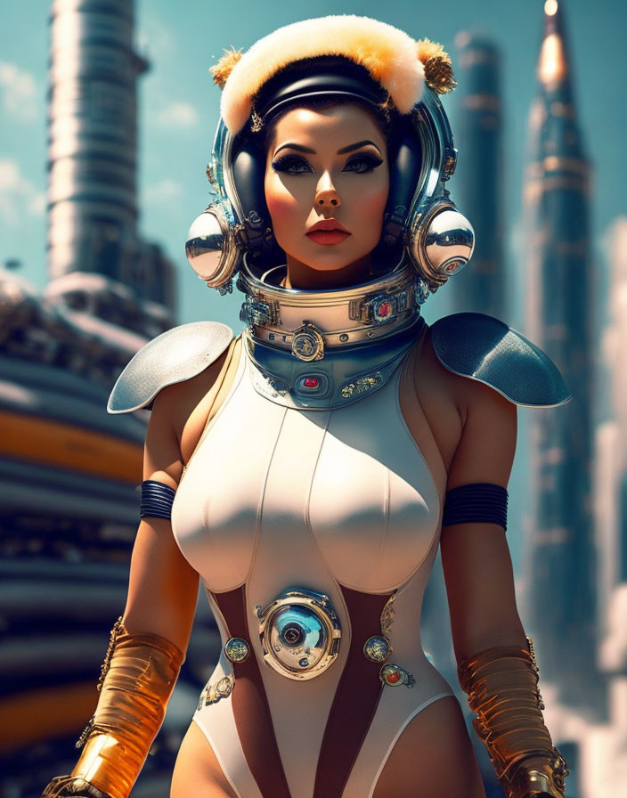 Stylized futuristic woman in fur-adorned space suit with rockets in background