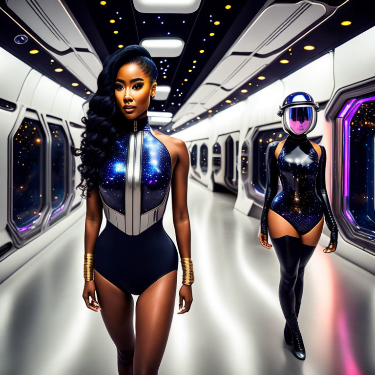 Futuristic women in spaceship corridor with modern design