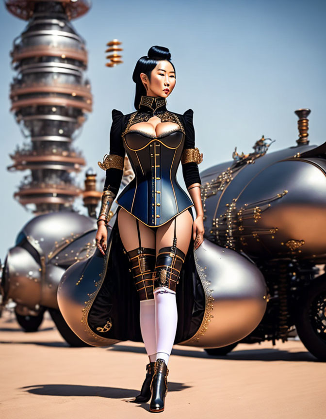 Futuristic woman in black and gold bodysuit with bronze vehicle and tower under clear sky