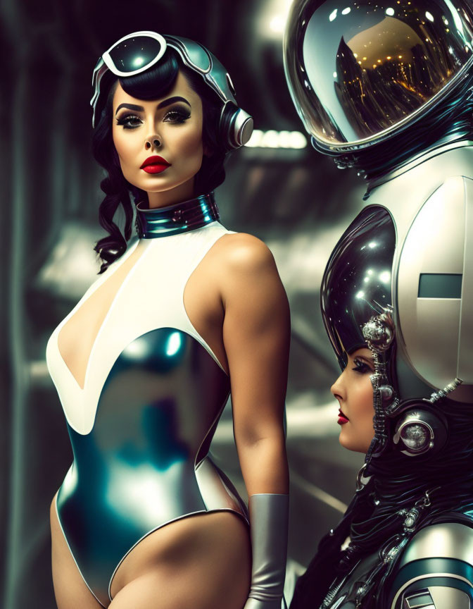 Futuristic female figure in white and silver bodysuit with helmet and goggles against urban backdrop