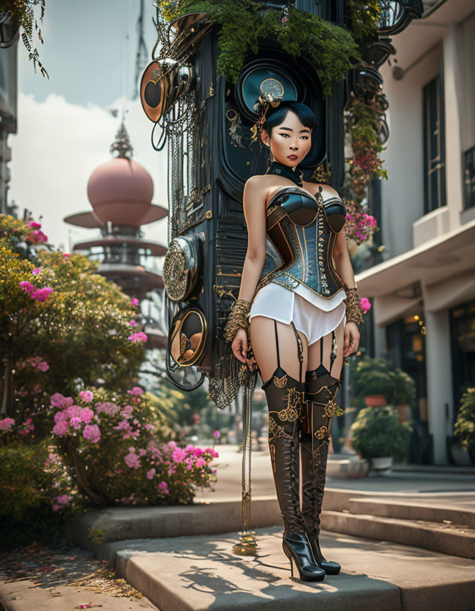 Steampunk-inspired woman in vintage city setting