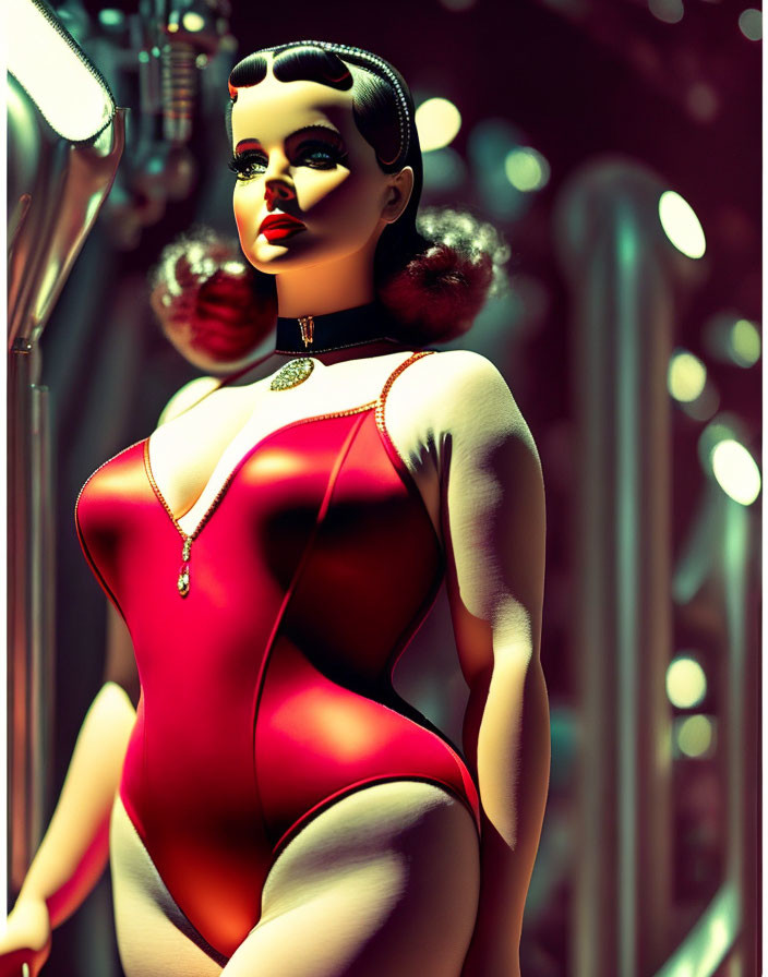 Stylized vintage woman in red bodysuit and choker against blurred backdrop