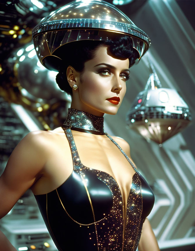 Futuristic woman in shiny black outfit with metallic collar and helmet-like headpiece