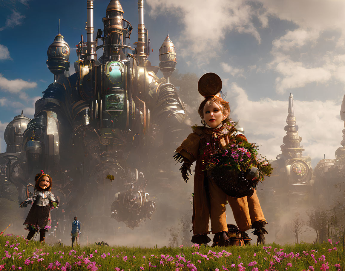 Children in vintage attire play near ornate metallic structures under cloudy sky