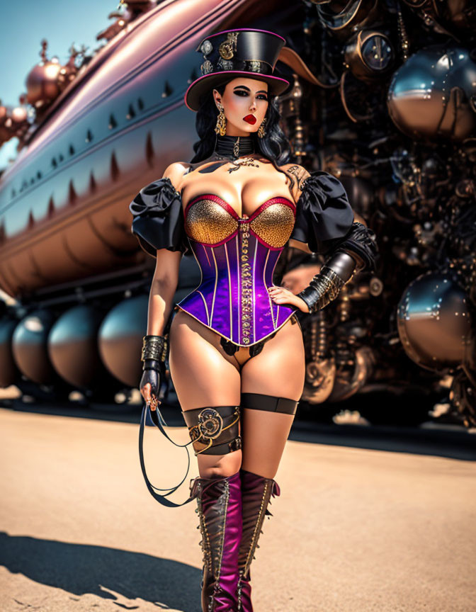 Steampunk-themed woman with corset, top hat, and whip in futuristic setting