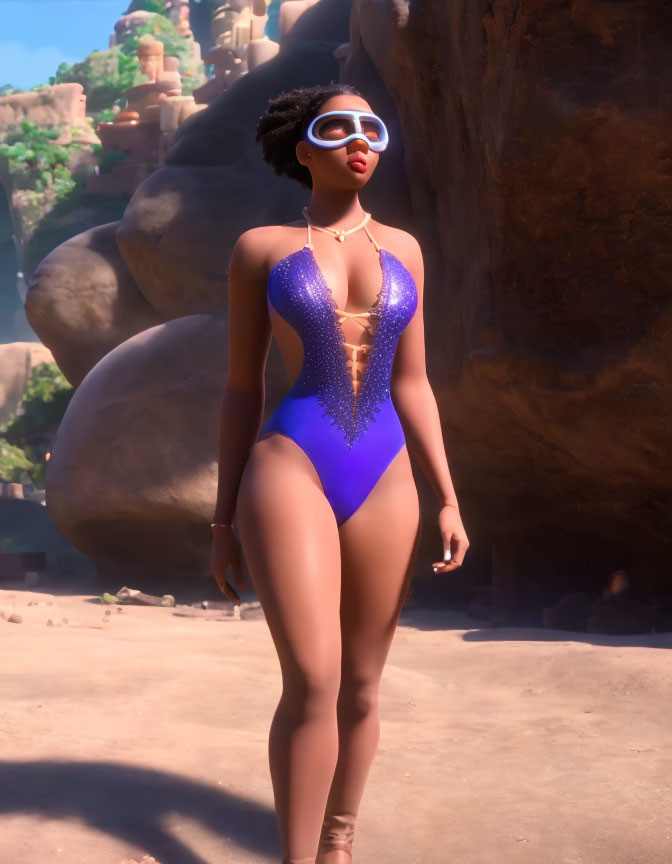 3D Rendered Image of Woman in Blue Swimsuit with Sunglasses and Necklace among Rocks