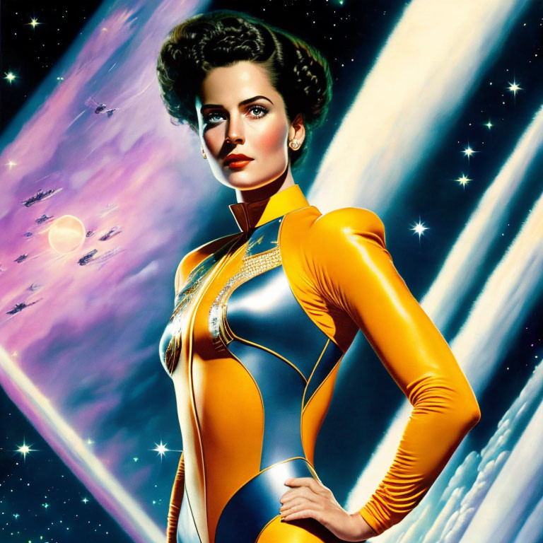 Futuristic woman in yellow and blue space suit with cosmic backdrop