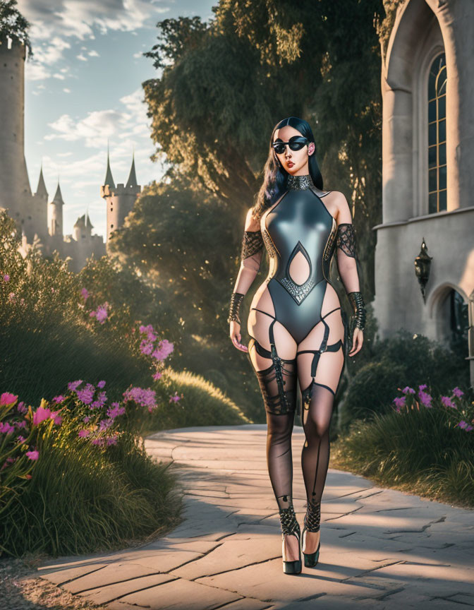 Futuristic black bodysuit with cutouts, high heels, sunglasses in castle garden