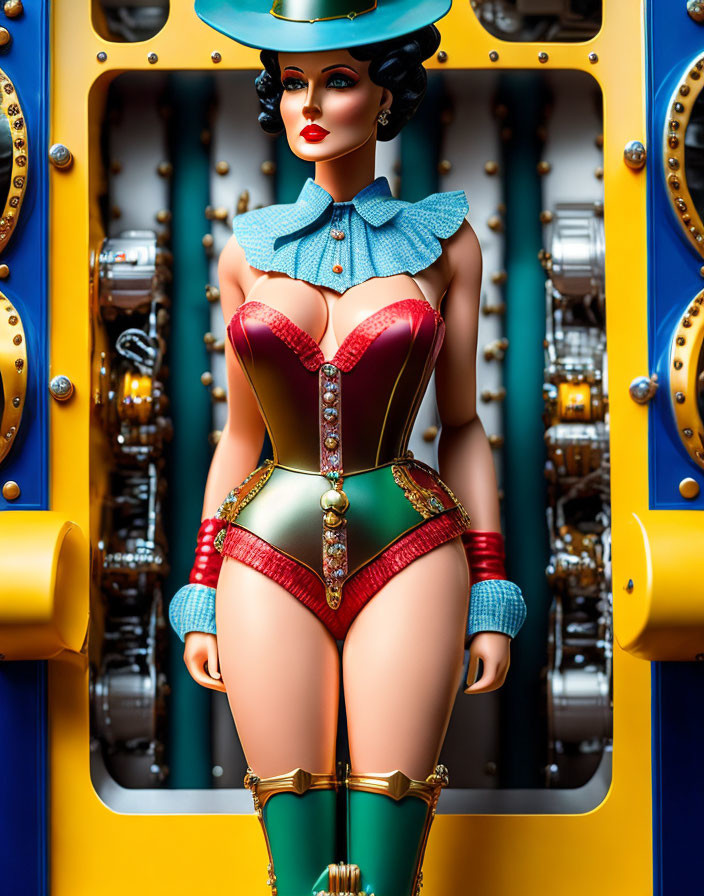 Colorful Retro-Futuristic Mannequin in Complex Mechanical Setting