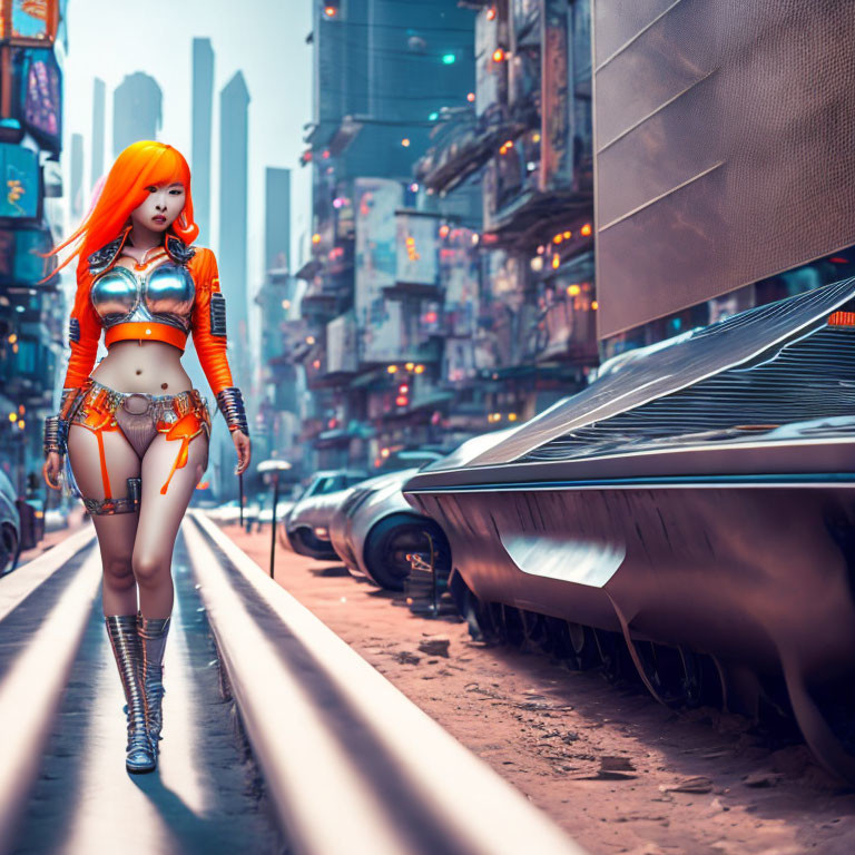 Futuristic woman with orange hair in silver sci-fi attire on neon-lit city street