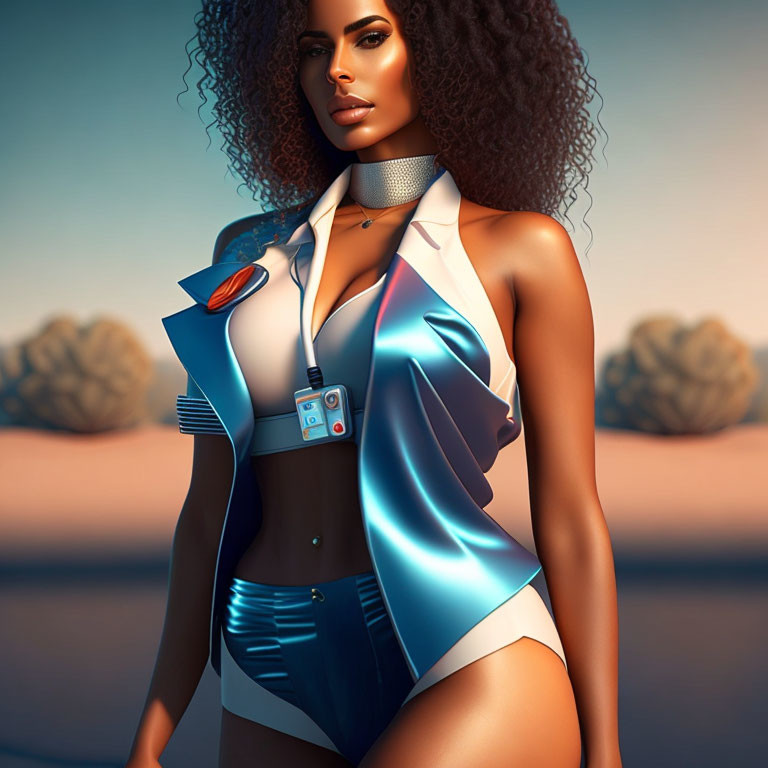 Digital artwork of woman with curly hair in futuristic uniform against desert backdrop