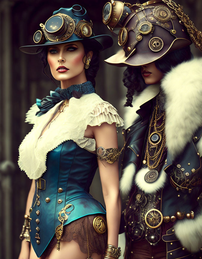 Two Women in Elaborate Steampunk Attire with Victorian-Era Aesthetic