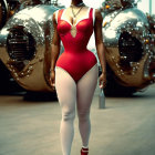 Futuristic woman in pink bodysuit near metallic vehicle