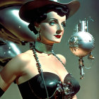 Futuristic woman in shiny black outfit with metallic collar and helmet-like headpiece