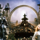 Vibrant fantasy scene with robotic Tin Man, Scarecrow, and Dorothy surrounded by colorful flowers