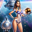 Futuristic woman in silver space suit against cosmic backdrop