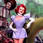 Stylized portrayal of Tin Man-like character, red-haired woman, and green furry creature