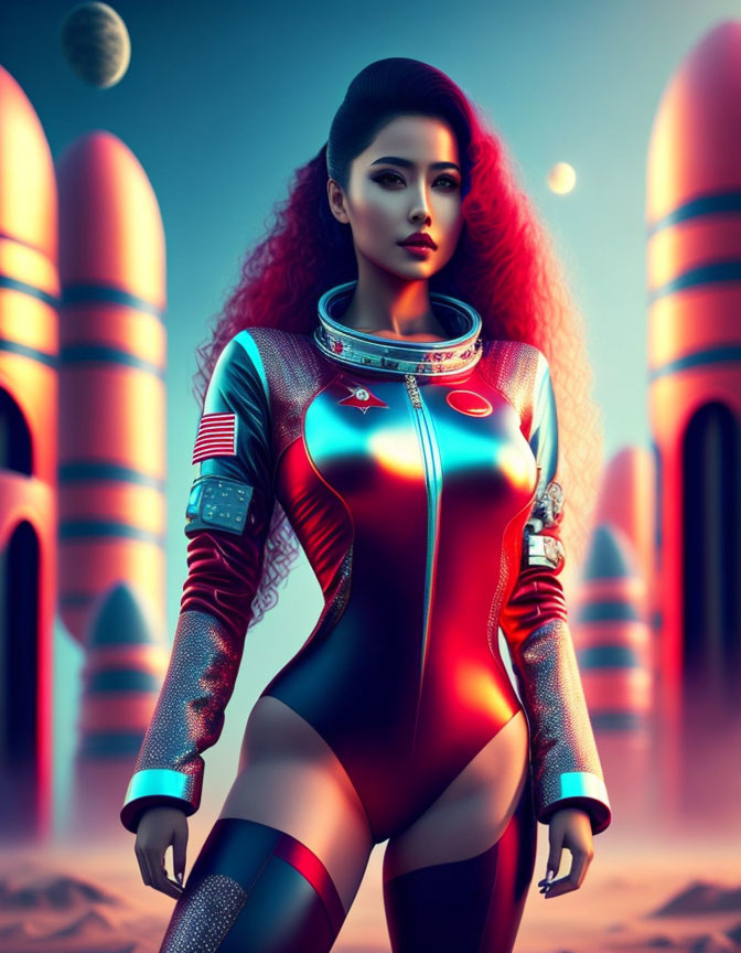 Futuristic digital artwork: Woman in astronaut suit on Mars landscape